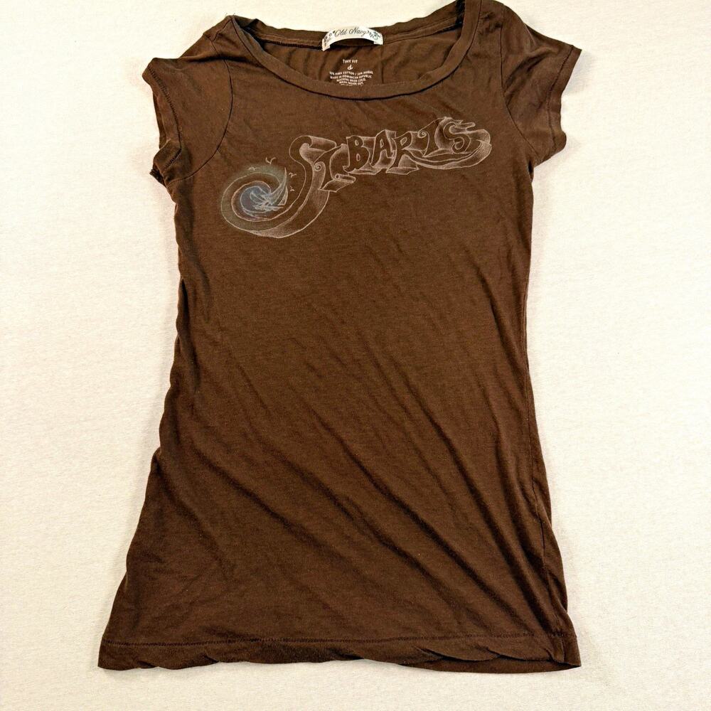 Old Navy St Bart Paris Graphic T-Shirt Brown Cyber Grunge Tiny Fit Y2K